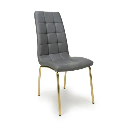 Grey Leather Effect Grid Patterned Dining Chair Gold Legs