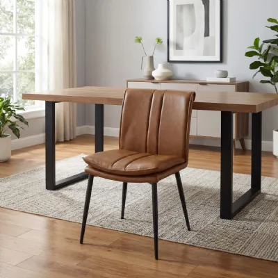 Tan Leather Effect Dining Chair Black Metal Legs