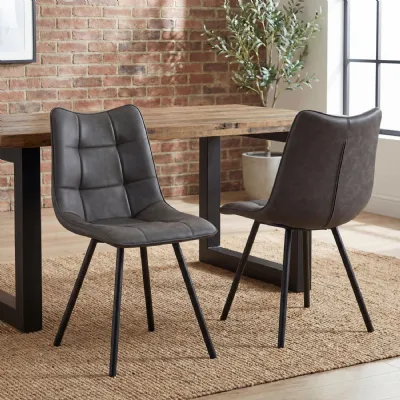 Grey Leather Effect Fabric Dining Chair Black Metal Legs