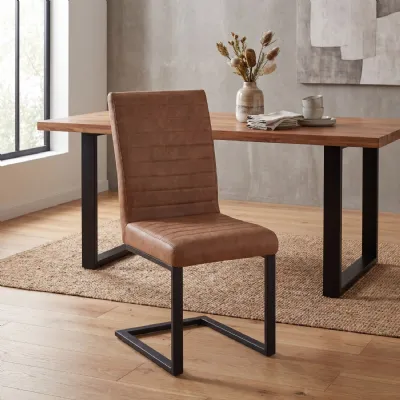 Tan Leather Effect Dining Chair Metal Cantilever Legs