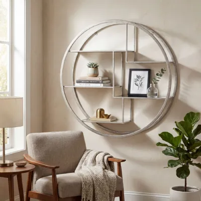 Large Circular Silver Wall Hanging Multi Shelf Unit With Glass Shelves