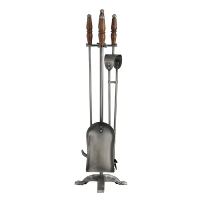 Hand Turned Fire Companion Set With Wooden Handles