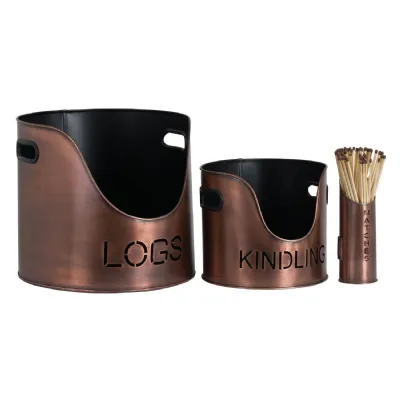 Copper Finish Kindling Buckets And Matchstick Holder