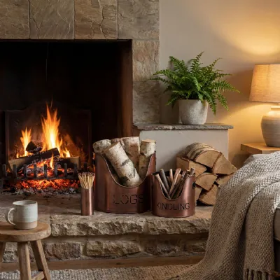 Copper Finish Logs And Kindling Buckets With Matchstick Holder Fire Hearth Set