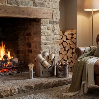 Modern Trendy Pewter Finish Logs And Kindling Buckets And Matchstick Set 32x34cm