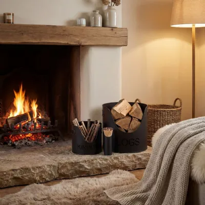 Modern Style Black Finish Fireplace Metal Logs And Kindling Buckets With Matchstick Holder 29 x 32cm