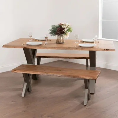 Traditional Rustic Brown Acacia Wood Dining Bench With Grey Metal Cross Legs 45x180cm