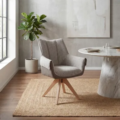 Tan Tweed Fabric Swivel Dining Chair Light Wooden Legs
