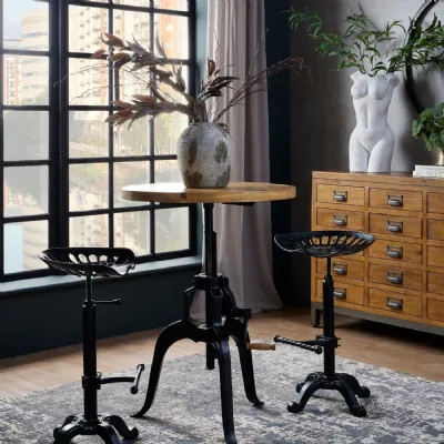 Industrial Rustic Height Adjustable Crank Bar Bistro Table Wooden Top