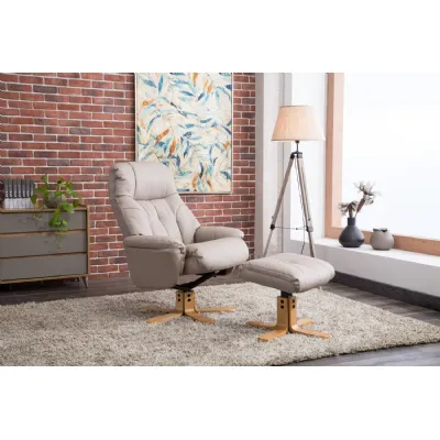 Putty Grey Leather Swivel Recliner Armchair with Footstool