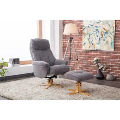 Modern Swivel Recliner Armchair and Footstool Set Grey Fabric Upholstered Oak Base