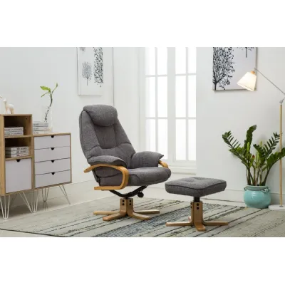 Grey Fabric Swivel Recliner Chair Footstool Light Beech Base