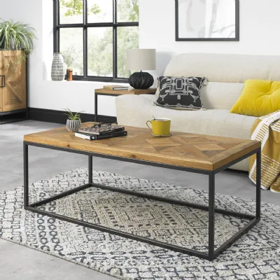 Rustic Oak Rectangular Coffee Table Black Metal Base