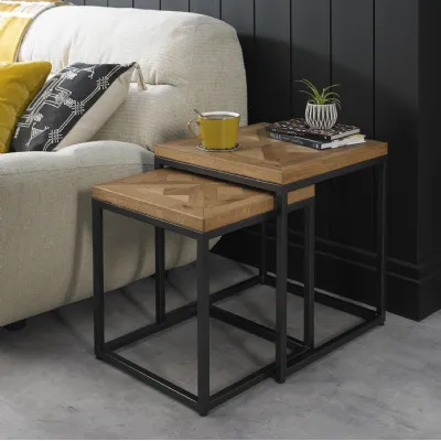 Rustic Oak Square Nest of 2 Side End Lamp Tables Metal Frame