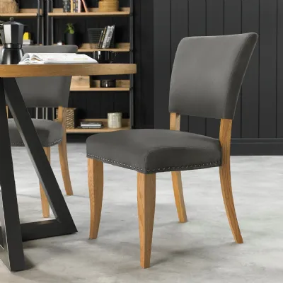 Pair of Dark Grey Fabric Dining Chairs Rustic Oak Frame