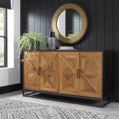 Large Rustic Oak Parquet Chevron 4 Door Sideboard 160cm Wide
