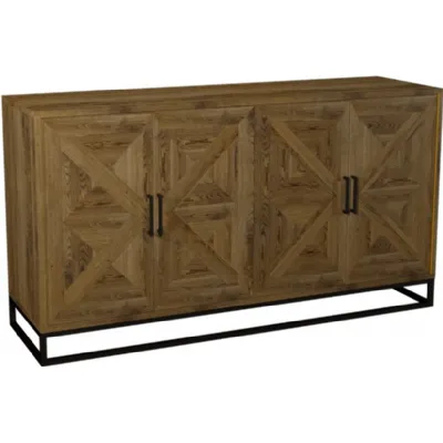 Rustic Oak 4 Door Wide Sideboard Metal Base