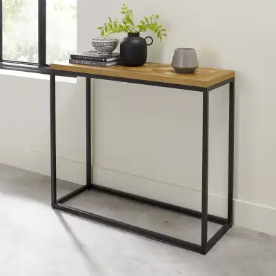 Rustic Oak Parquet Top Black Metal Console Table