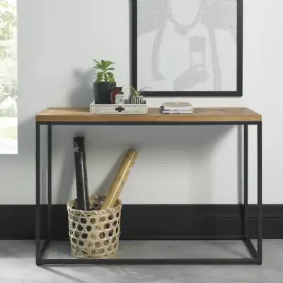 Rustic Oak Console Table Black Metal Base