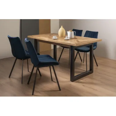 Rustic Oak Extending Dining Table Set 4 Blue Velvet Chairs