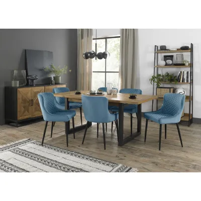 Rustic Oak Extending Dining Table Set 6 Blue Velvet Chairs