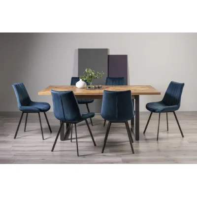 Rustic Oak Extending Dining Table Set 6 Blue Velvet Chairs