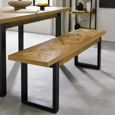 Rustic Oak Parquet Top Dining Table Bench Seat