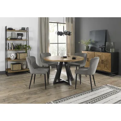 Rustic Oak Round Dining Table Set 4 Grey Velvet Chairs