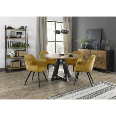Rustic Oak Round Dining Table Set 4 Yellow Velvet Chairs