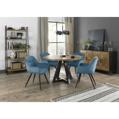 Rustic Oak Round Dining Table Set 4 Blue Velvet Tub Chairs