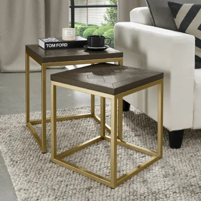 Dark Oak Wood Satin Brass Metal 45cm Square Nest of 2 Tables