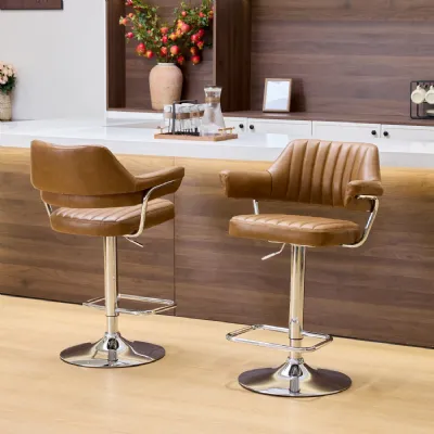 Tan Leather Swivel Adjustable Gas Lift Bar Stool Chrome Base