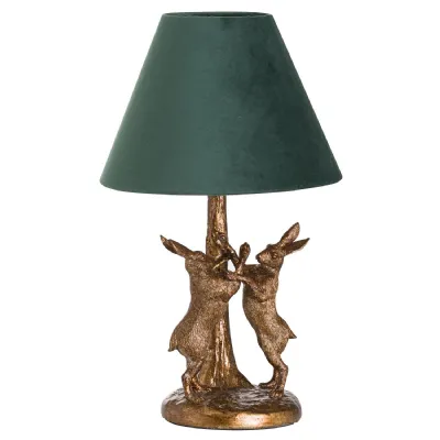 Antique Gold Marching Hares Lamp With Green Velvet Shade