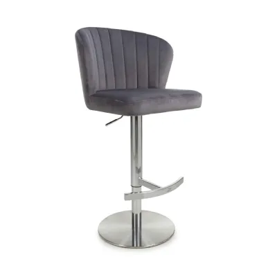 Grey Brushed Velvet Fabric Swivel Bar Stool Steel Base