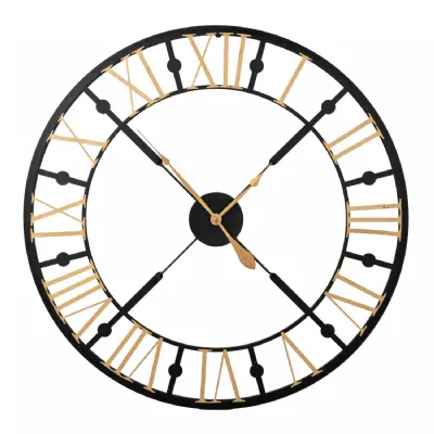 Black And Gold Roman Numerals Vintage Style Skeleton Round Wall Clock 95cm