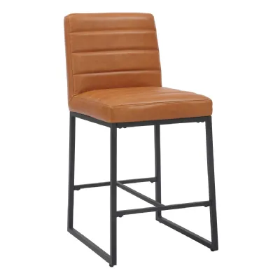 Light Brown Real Leather Cushioned Bar Stool Metal Framed