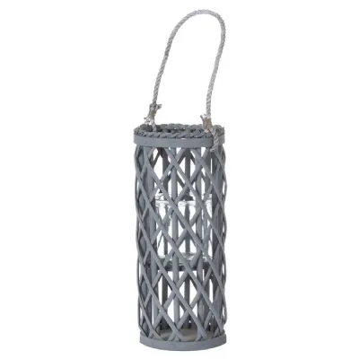 Small Grey Wicker Lantern With Glass Hurricane