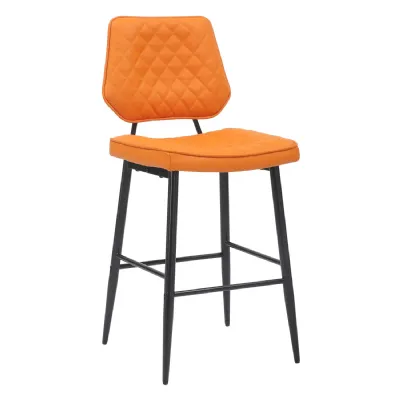 Orange Real Leather Cushioned Bar Stool Metal Legs
