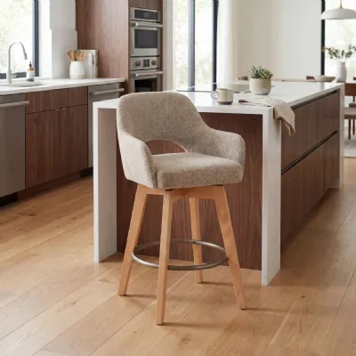 Cream Fabric Swivel Bar Stool Wooden Legs