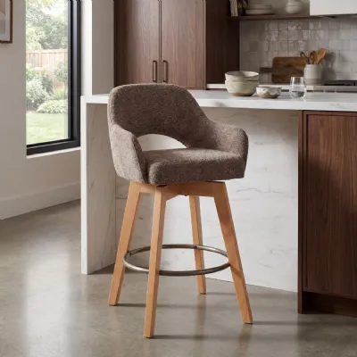 Coffee Fabric Swivel Bar Stool Wooden Legs