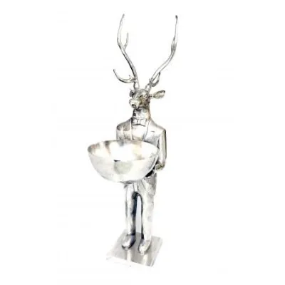 Silver Finished Tall Recycled Aluminium Deer Sculpture with Bowl Stand