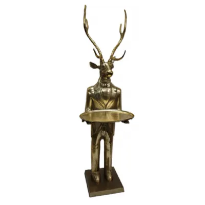 Recycled Aluminium Antique Gold Finish Deer Sculpture with Serving Plate