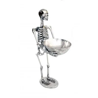 Aluminium Skeleton Figurine with Bowl in Silver Finish H155cm