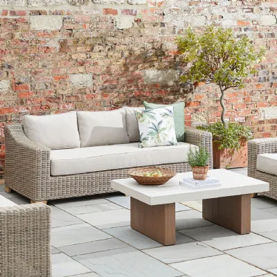 Large Beige Rattan 3 Seater Outdoor Cushioned Sofa