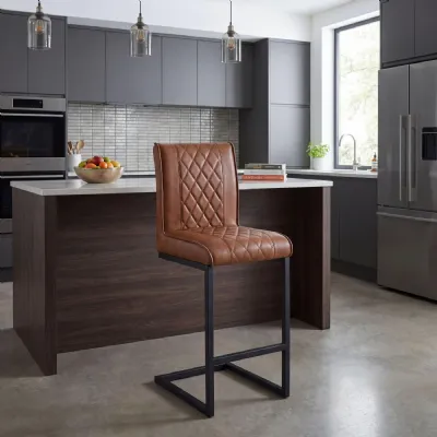 Tan Leather Effect Cross Stitch Bar Stool Cantilever Legs
