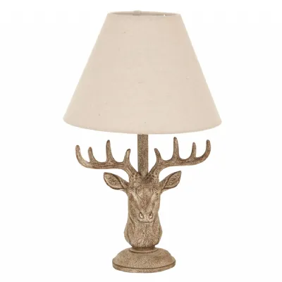 Stonewashed Stag Head Table Lamp With Linen Shade