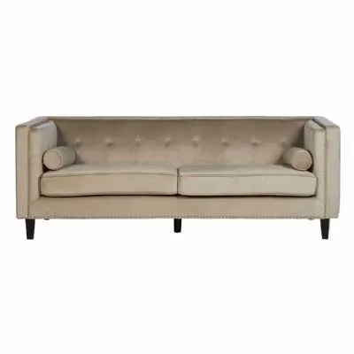Large 3 Seat Mink Velvet Fabric Buttoned Sofa Black Wood Feet