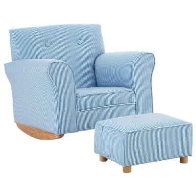 Child's Blue and White Stripe Rocker with Footstool
