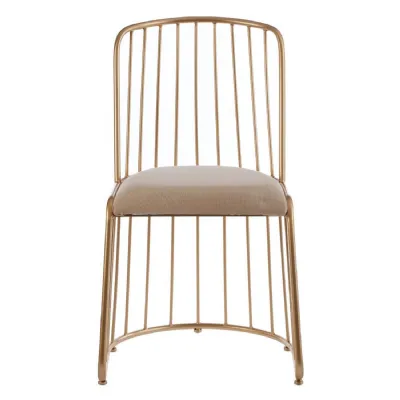 Gold Wire Tub Dining Chair With White Linen Seat