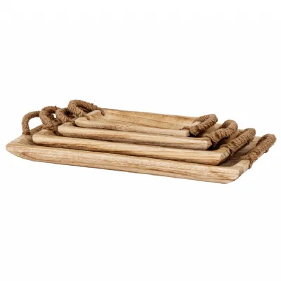 Set Of 4 Artisan Rectangular Trays With Rope Handles